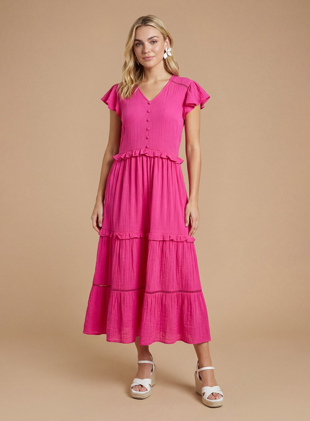 DOROTHY PERKINS Button Front Frill Sleeve Midaxi Dress 8 - Image 1 thumbnail